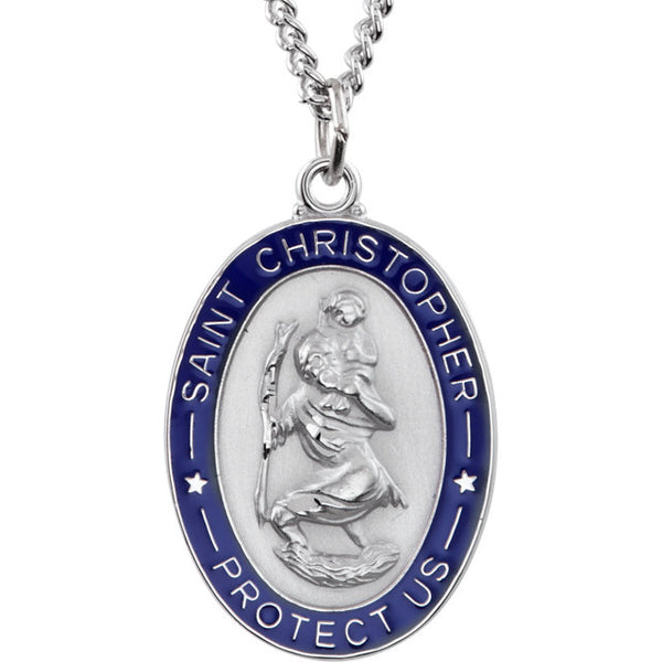 Oval Saint Christopher Blue Enamel Solid Sterling Silver Protect Us Necklace 26.00x20.00 MM