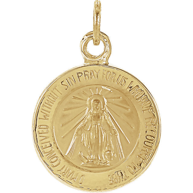 Round Miraculous Medal Pendant in Solid 14 Karat Yellow Gold