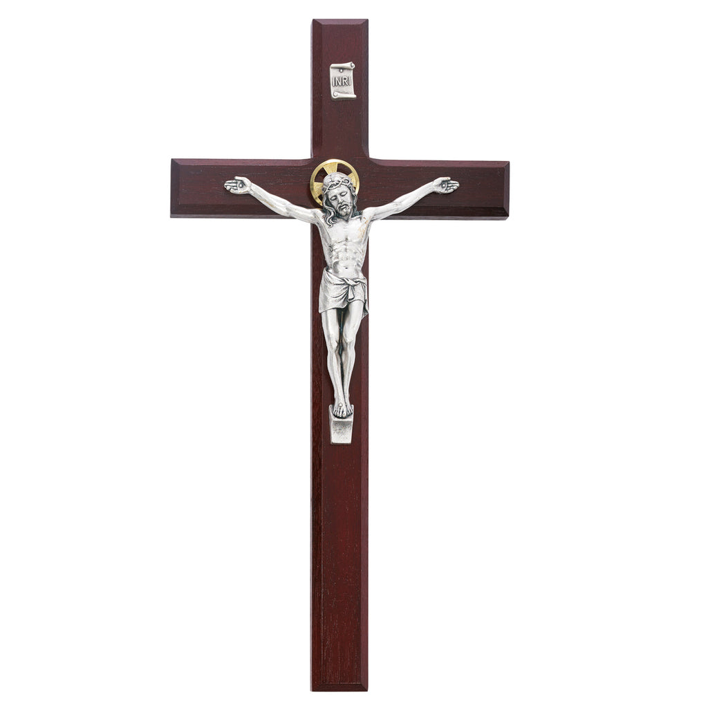 Beveled Cherry Wood Wall Crucifix Cross Silver Color Corpus Gold Color Halo 12 Inch