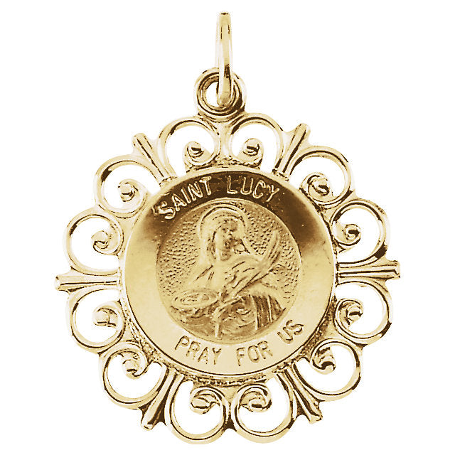 Saint Lucy Round Medal Fleur De Lis Pendant in 14 Karat Yellow