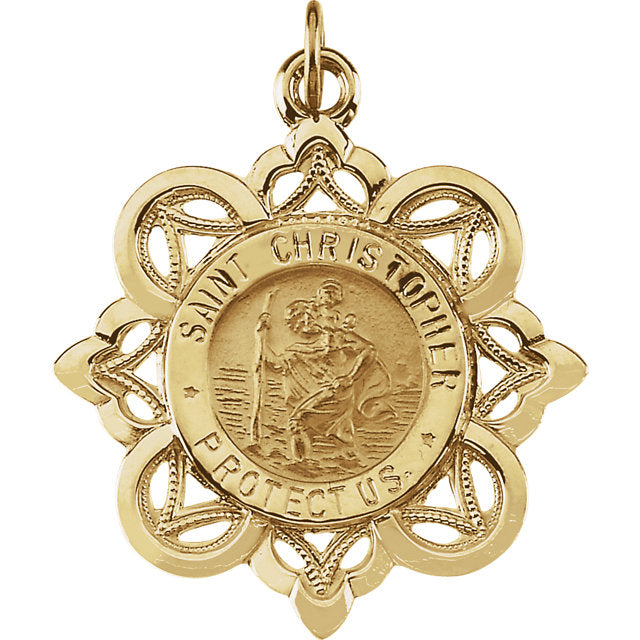 Saint Christopher Crown Pendant in Solid 14 Karat Yellow Gold Protect Us Medal 28 x 26 MM