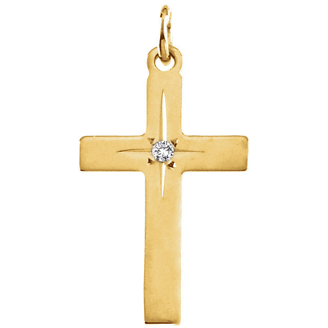 Simple Flush Mount Single Diamond Cross in Solid 14 Karat Yellow Gold