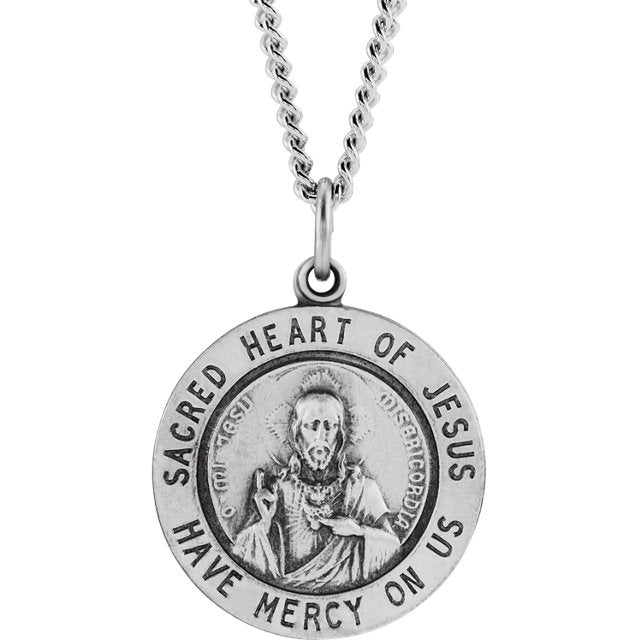 Sacred Heart of Jesus Round Medal Pendant in Sterling Silver with Chai ...