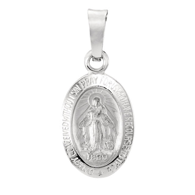 Oval Miraculous Medal Pendant in Solid 14 Karat White Gold