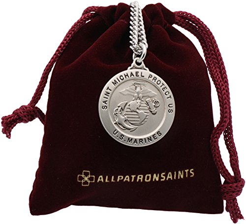 St Michael US Marine Corps Sterling Silver Medal With Rhodium Plated Nickel Chain