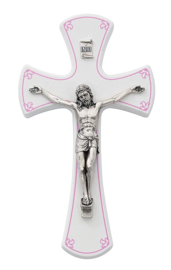 Baptism White Wall Crucifix Cross With Silver Color Corpus Pink Accent 7 Inch