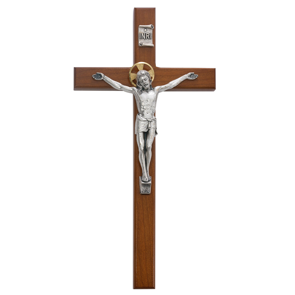 Beveled Cherry Wood Wall Crucifix Cross Silver Color Corpis Gold Color Halo 8 Inch