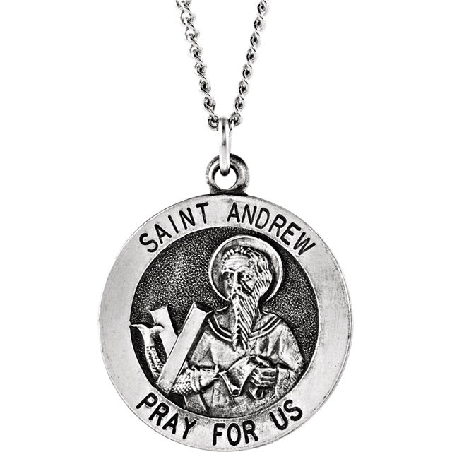St. Andrew Round Medal Pendant in Sterling Silver 18 MM