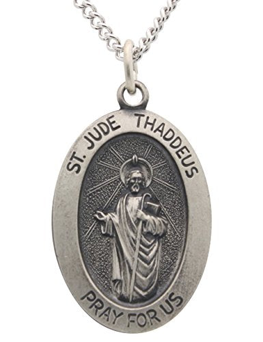 Saint Jude Necklace With Embossed Oval Fine Solid Sterling Silver Pray for Us Medal