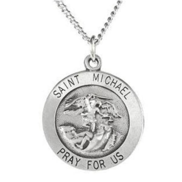 Round Saint Michael Necklace in Solid Sterling Silver Pray for Us Medal