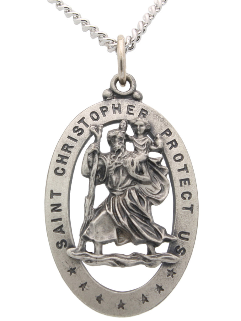 Oval Saint Christopher Necklace in Solid Sterling Silver Protect Us Cut Out Medal 29.00x20.00 MM