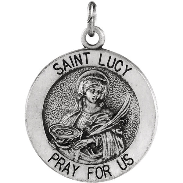 St Lucy Round Medal Pendant in 14 Karat White Gold