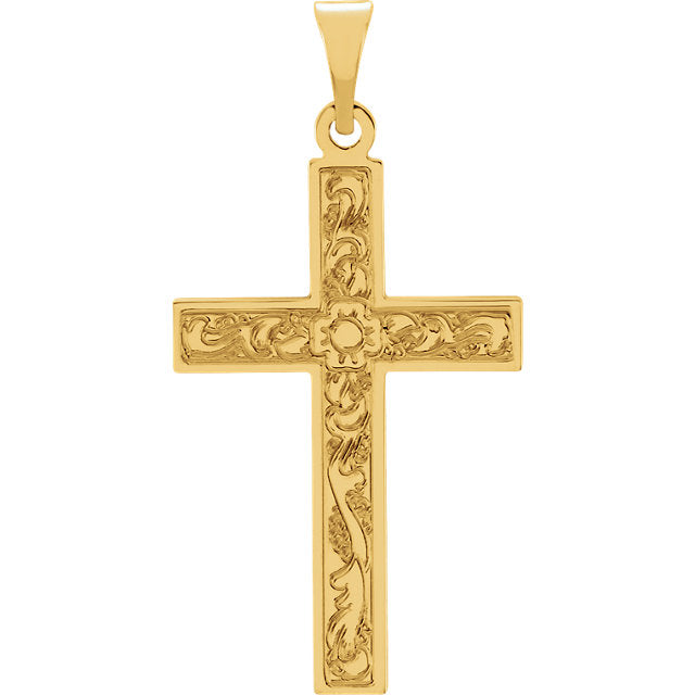 Flower Design Flowing Cross in Solid 14 Karat Yellow Gold