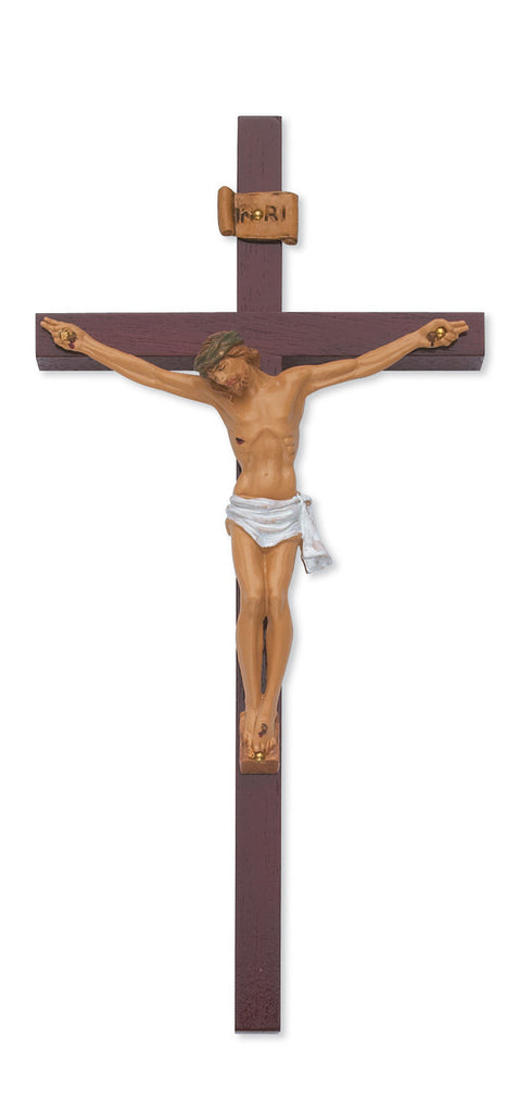 Cherry Wood Crucifix With Italian Corpus and INRI 10 Inch
