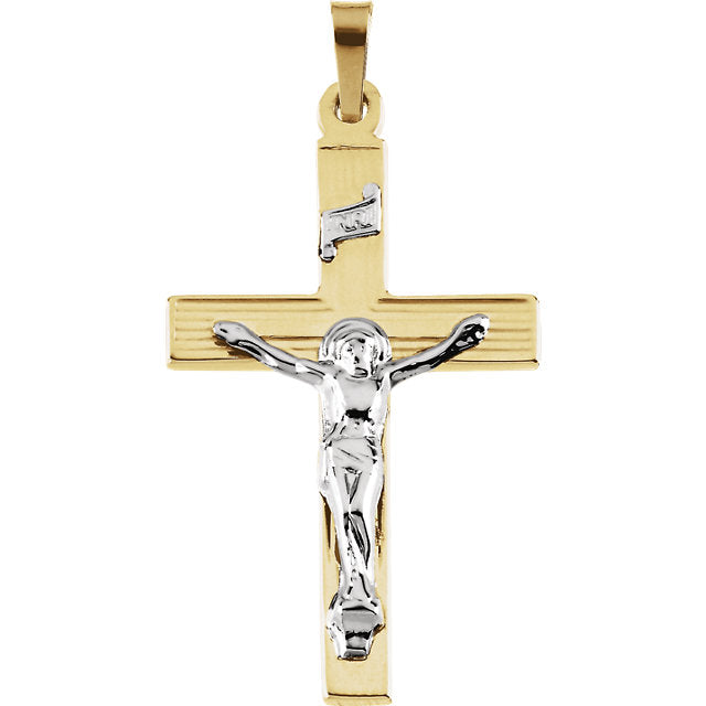 Carved INRI Two Tone Crucifix Cross Pendant in Solid 14 Karat Gold