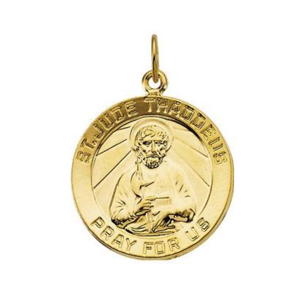 Exquisite Saint Jude Round Polished Pendant in Solid 14 Karat Yellow Gold Pray for Us Medal 18 MM