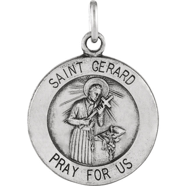 Round Saint Gerard Medal in Solid 14 Karat White Gold Pray for Us Medal 18 MM