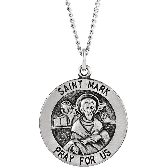 St Mark Round Sterling Silver Necklace 18 MM