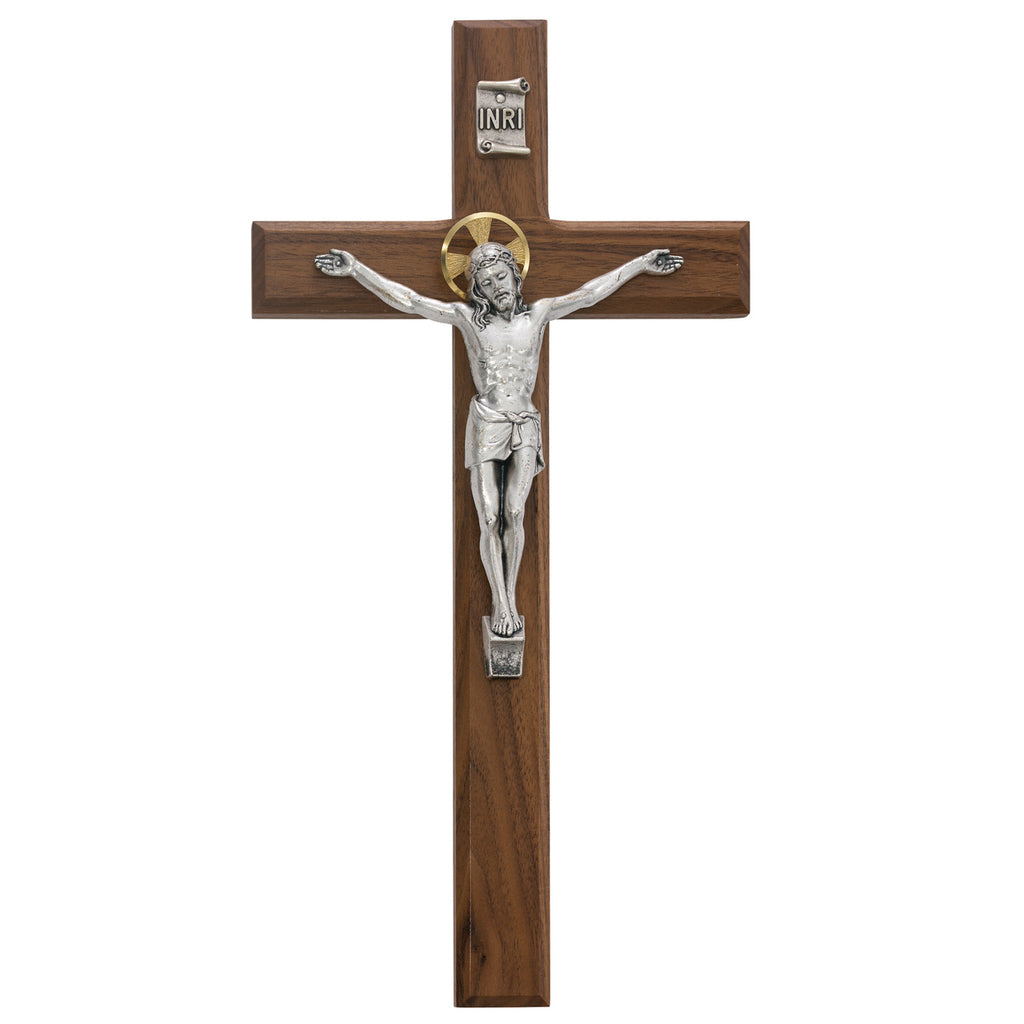 Beveled Walnut Crucifix Wall Cross With Silver Color Corpus And INRI 13 Inches