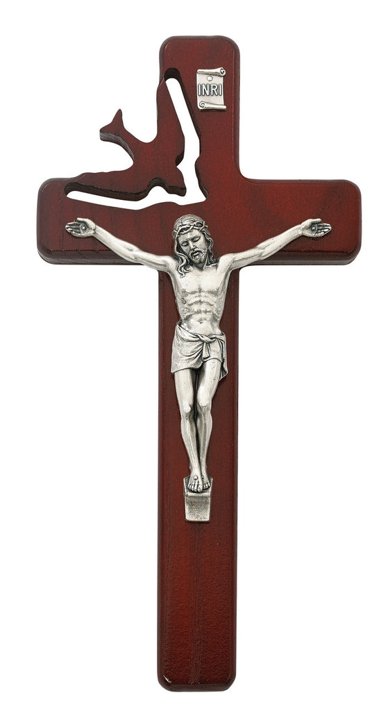 Holy Spirit Cherry Wood Crucifix Wall Cross With Silver Color Corpus 8 Inch