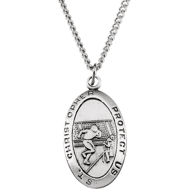 Saint Christopher Football Necklace Medal in Solid Sterling Silver 24 x 15 MM