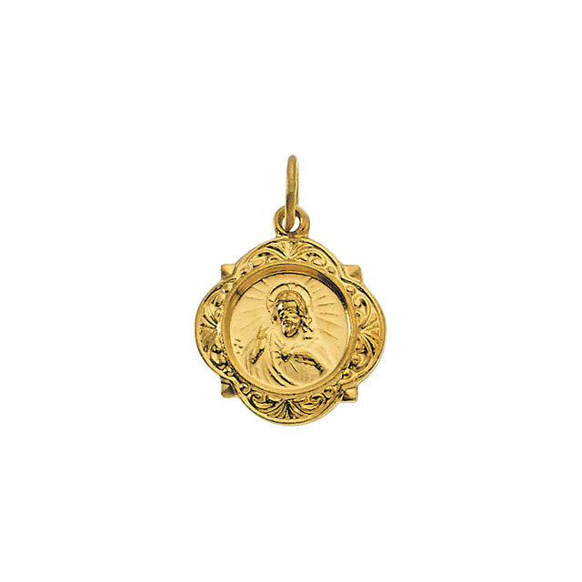 Sacred Heart of Jesus Fancy Medal Pendant in 14 Karat Yellow 12 MM