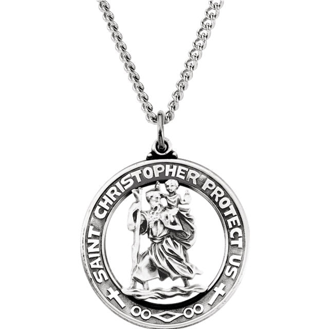 Large Saint Christopher Round Cut Out Solid Sterling Silver Protect Us Medal