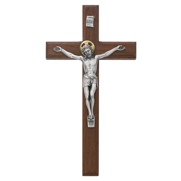 Beveled Walnut Crucifix Wall Cross With Silver Color Corpus And INRI 8 Inch