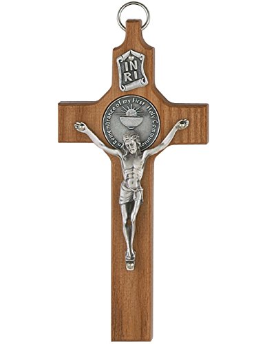 Walnut Wood Communion Wall Crucifix Cross With Silver Corpus And INRI 6 Inches