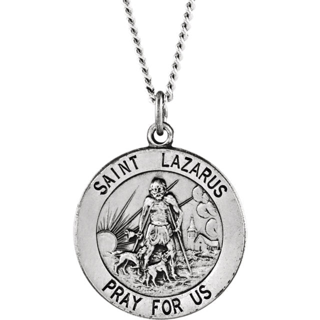 St Lazarus Sterling Silver Round Necklace 18 MM
