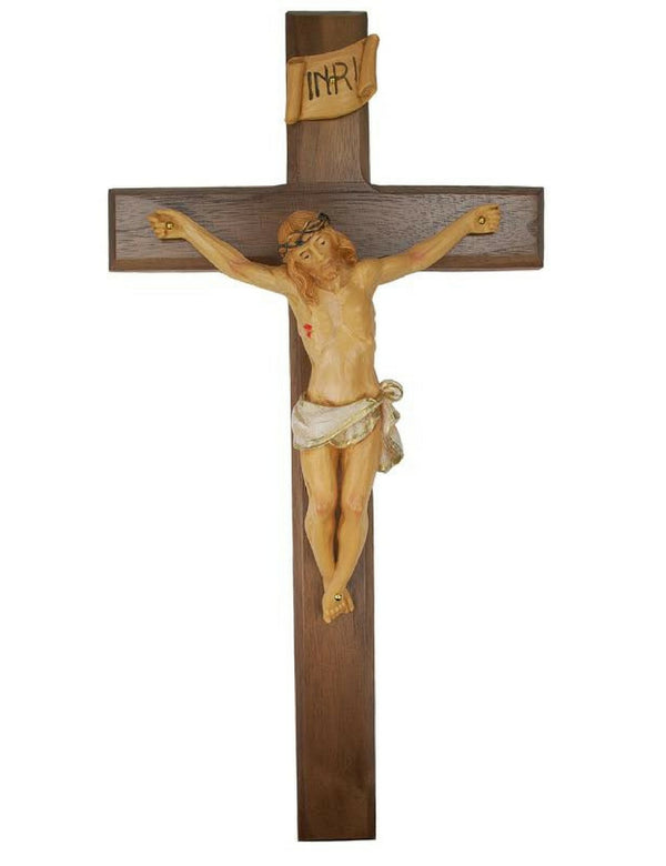 Wall Crucifix Real Walnut Wood Cross With Hand Painted Italian Corpis And INRI Made In The U.S.A (13 Inches)