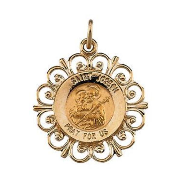 St Joseph Round Fluer de lis 14k Yellow Gold Pendant 18 MM