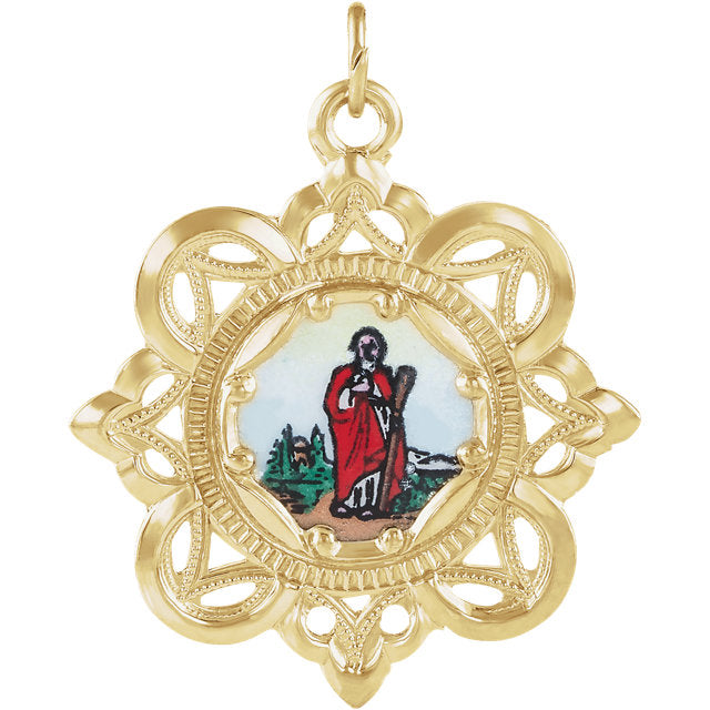 Saint Jude Fancy Enamel Crown Pendant in Solid 10 Karat Yellow Gold Medal 25 MM