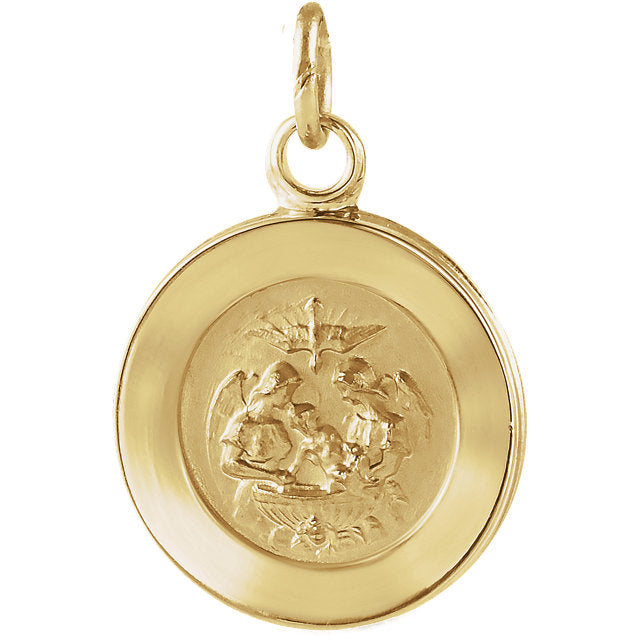 Round Baptismal Medal Pendant in Solid 14 Karat Yellow Gold