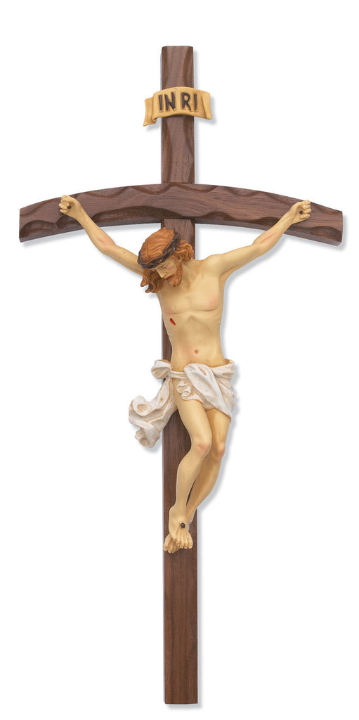 Bent Log Walnut Crucifix Wall Cross With Italian Corpus And INRI 16 Inches