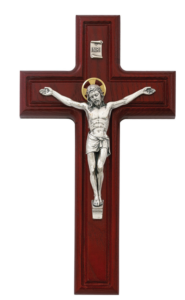 Cherry Wood Wall Crucifix Cross With Gold Color Accent Halo 10 Inch