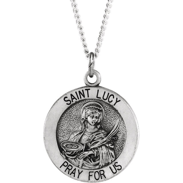 St Lucy Round Medal Pendant in Sterling Silver with Chain