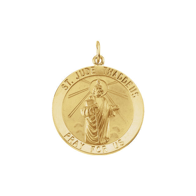 Saint Jude Round Pendant in Solid 14 Karat Yellow Gold Pray for Us Med ...