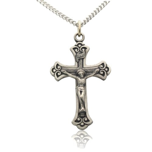 Budded INRI Crucifix Cross Necklace in Solid Sterling Silver