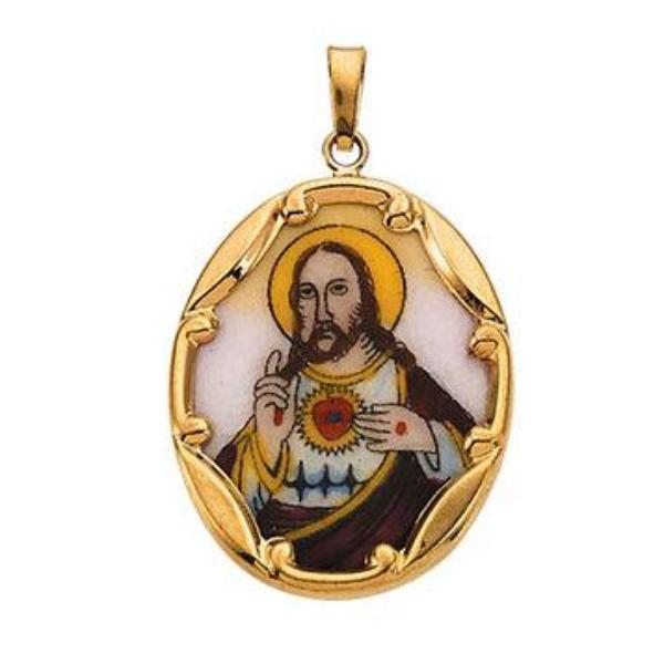 Sacred Heart of Jesus Oval Hand-Painted Porcelain Medal Pendant in 14 Karat Yellow