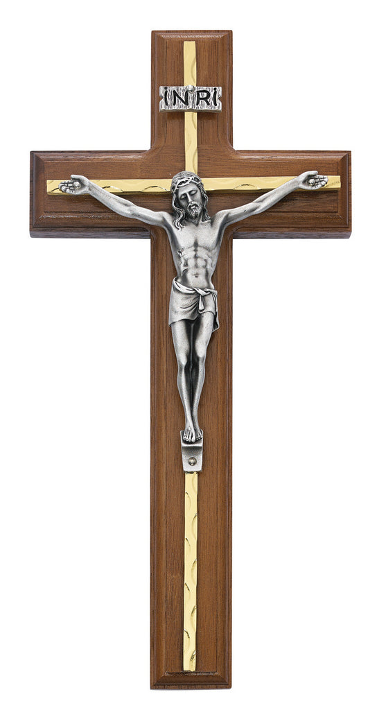 Wall Crucifix Cross In Walnut Wood With Gold Color Overlay And INRI 10 Inch