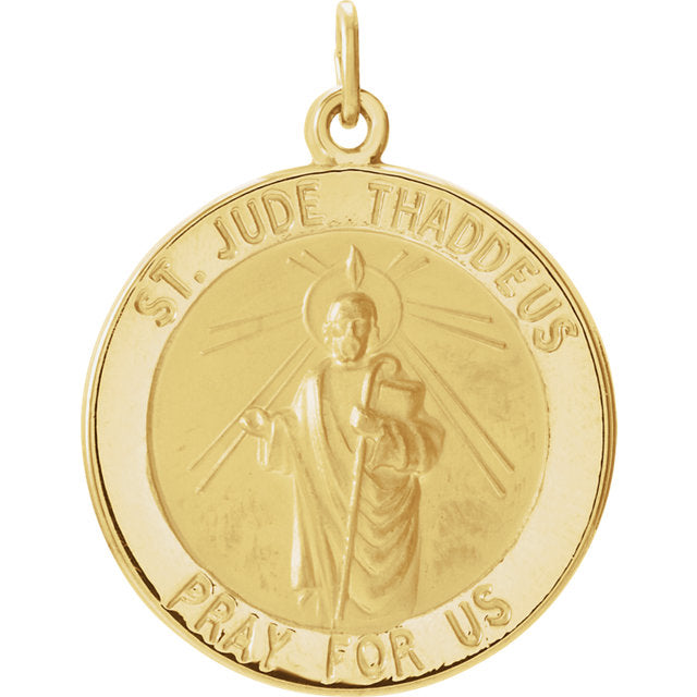 Saint Jude Round Pendant in Solid 14 Karat Yellow Gold Pray for Us Medal