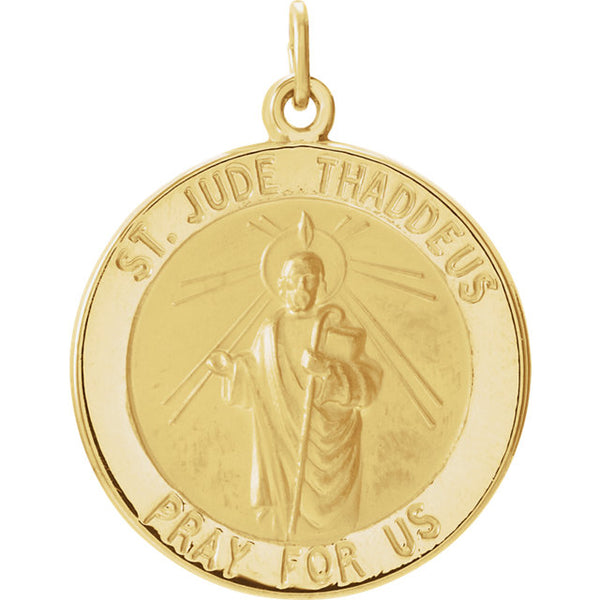 Saint Jude Round Pendant in Solid 14 Karat Yellow Gold Pray for Us Medal