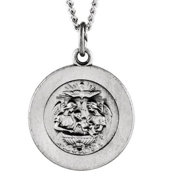 Round Baptismal Medal Necklace in Solid Sterling Silver
