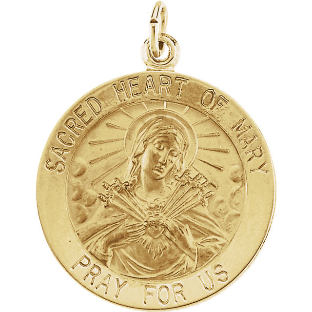 Sacred Heart of Mary Round Medal Pendant in 14 Karat Yellow Gold