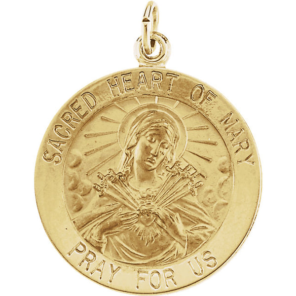 Sacred Heart of Mary Round Medal Pendant in 14 Karat Yellow Gold