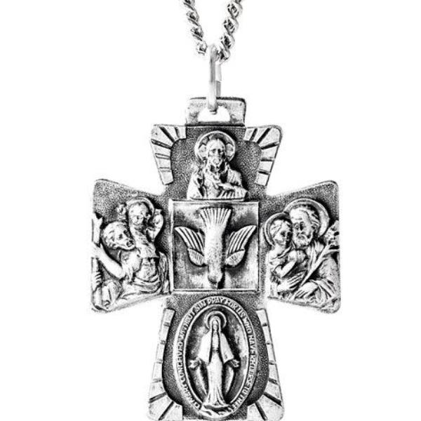 Catholic Four Way Cross Necklace With Chain Sterling Silver 28 X 23 MM