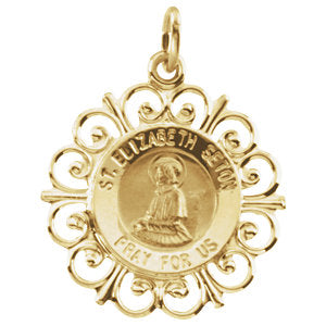 St Elizabeth Seton 14kt Yellow Gold Fleur de Lis Medal 18 MM