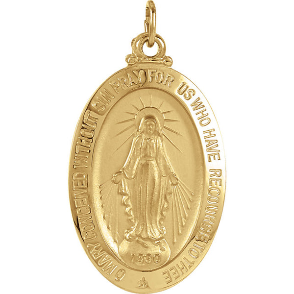Oval Miraculous Medal Pendant in Solid 14 Karat Yellow Gold