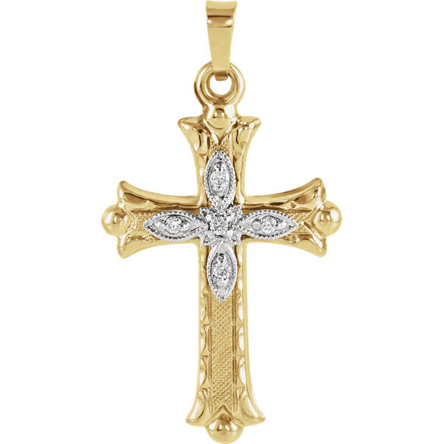Flory Accented Hollow Diamond Cross in 14 Karat Yellow Gold 25 X 18 MM